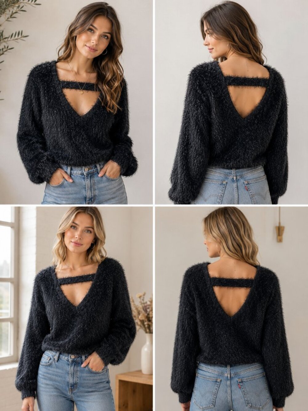 Trending For Fall 2-Way Fuzzy Furry Dark Gray Ladder Back Soft Comfy Sweater NEW
